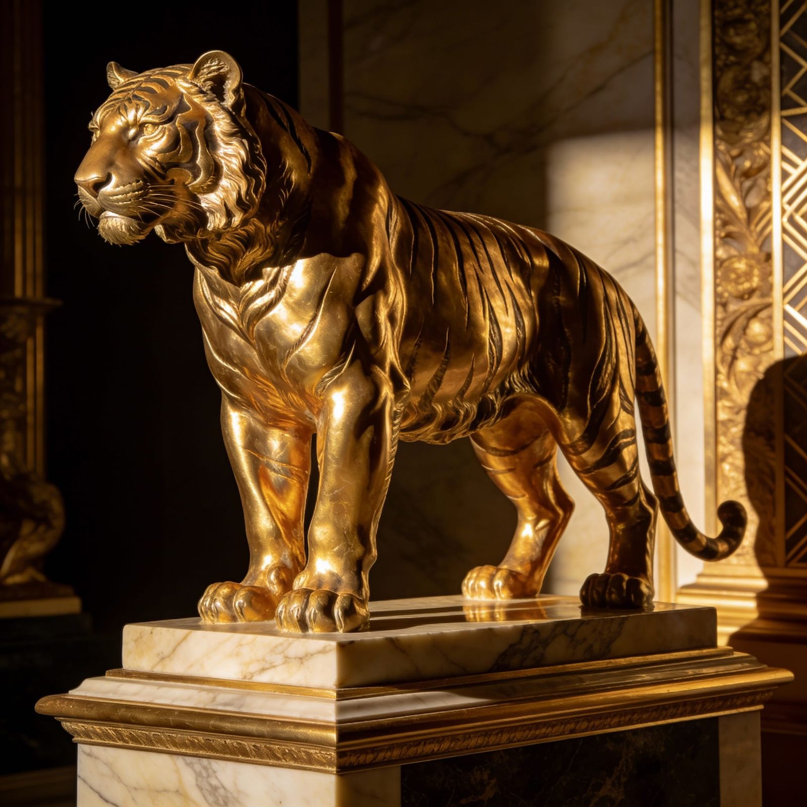 Gold Marble Tiger Statue in Hyperrealistic Sculpture Style