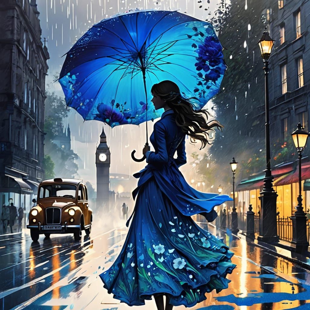 Woman in Blue Dress Under Umbrella in Rainy London Night