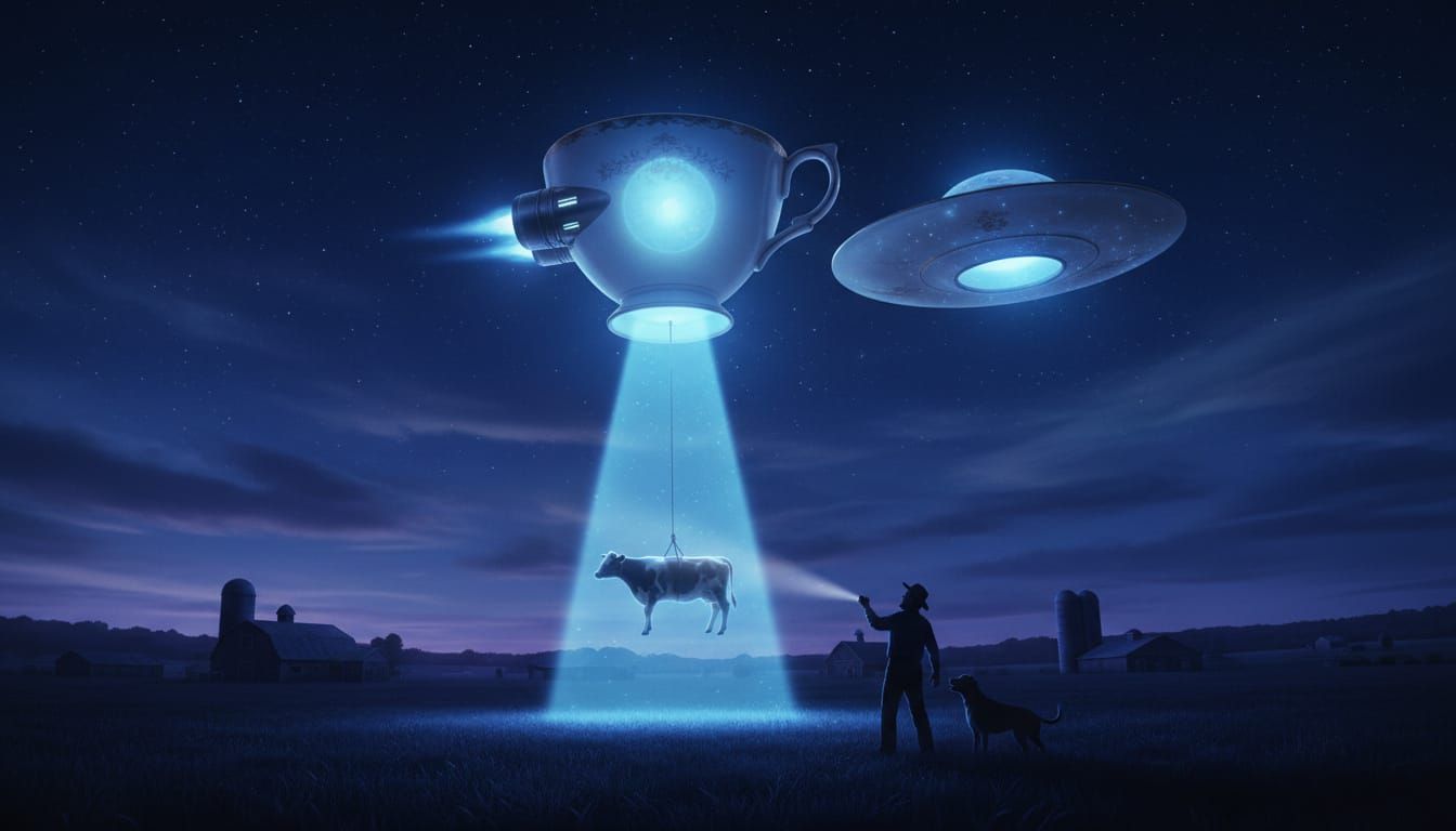 Teacup UFO Abducts Cow Under Starry Night Sky