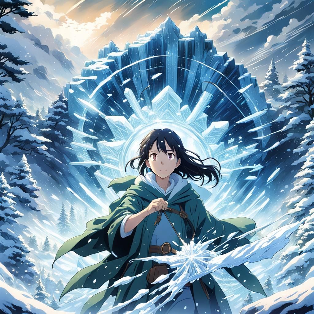 Anime Woman Casting Ice Magic in Snowstorm