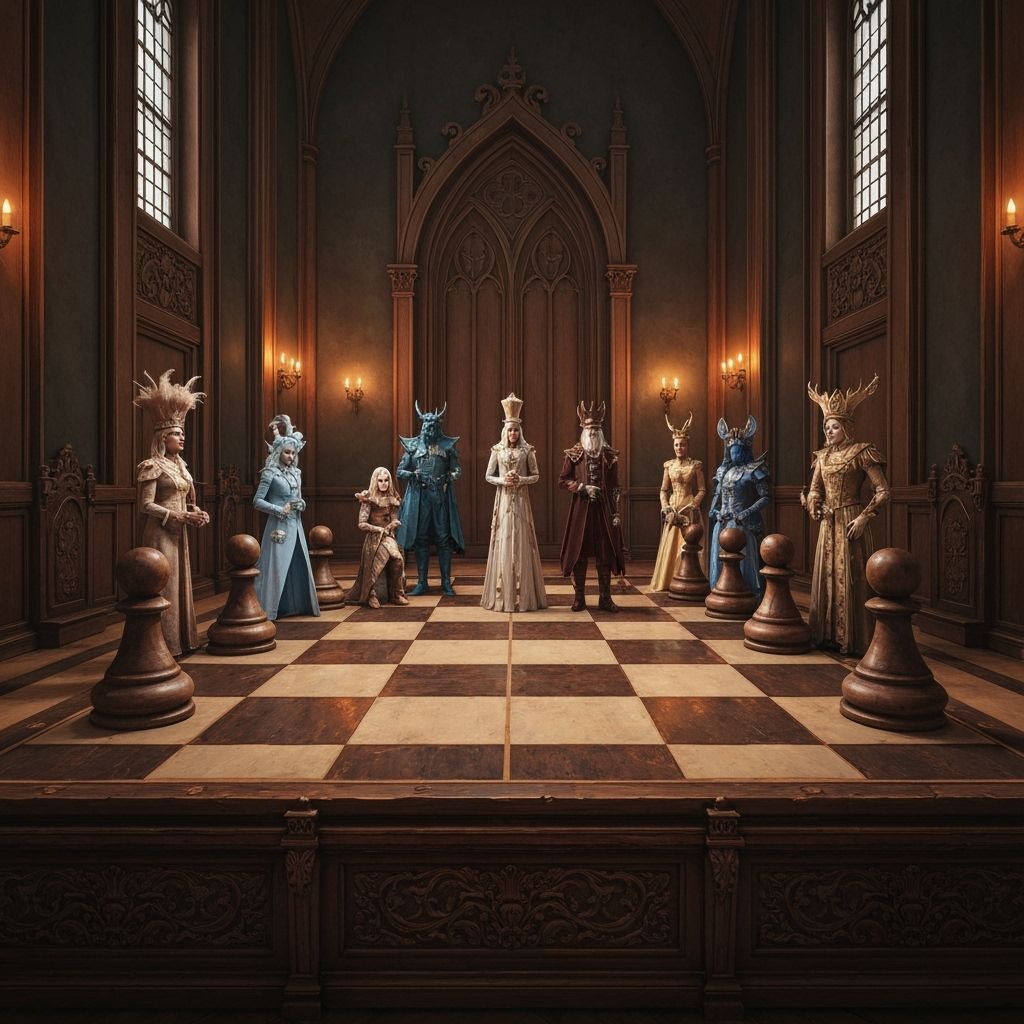 Chessboard with Human Chess Pieces in Ornate Style