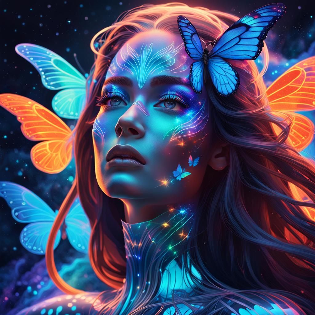 Holographic Woman with Butterfly Wings in Neon Sky