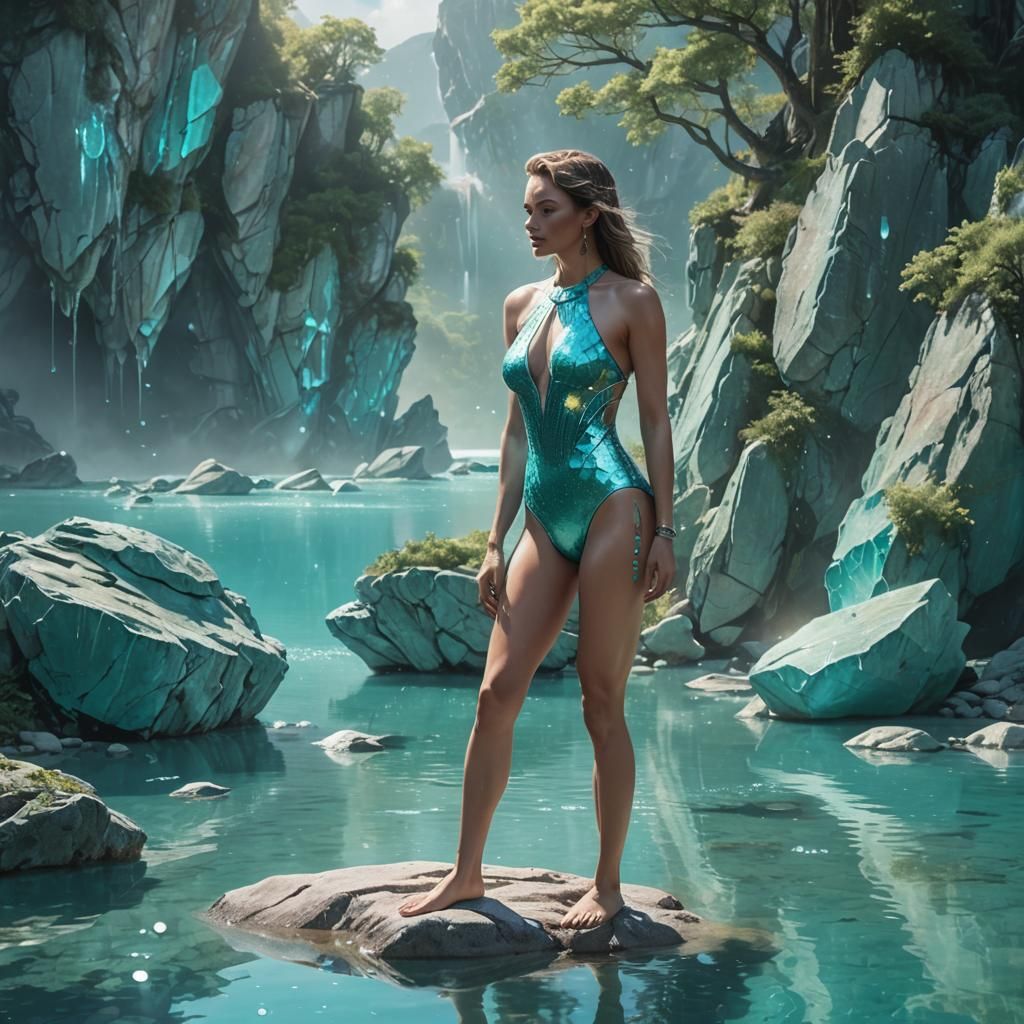 Woman in Cyan Swimsuit on Crystal Lake