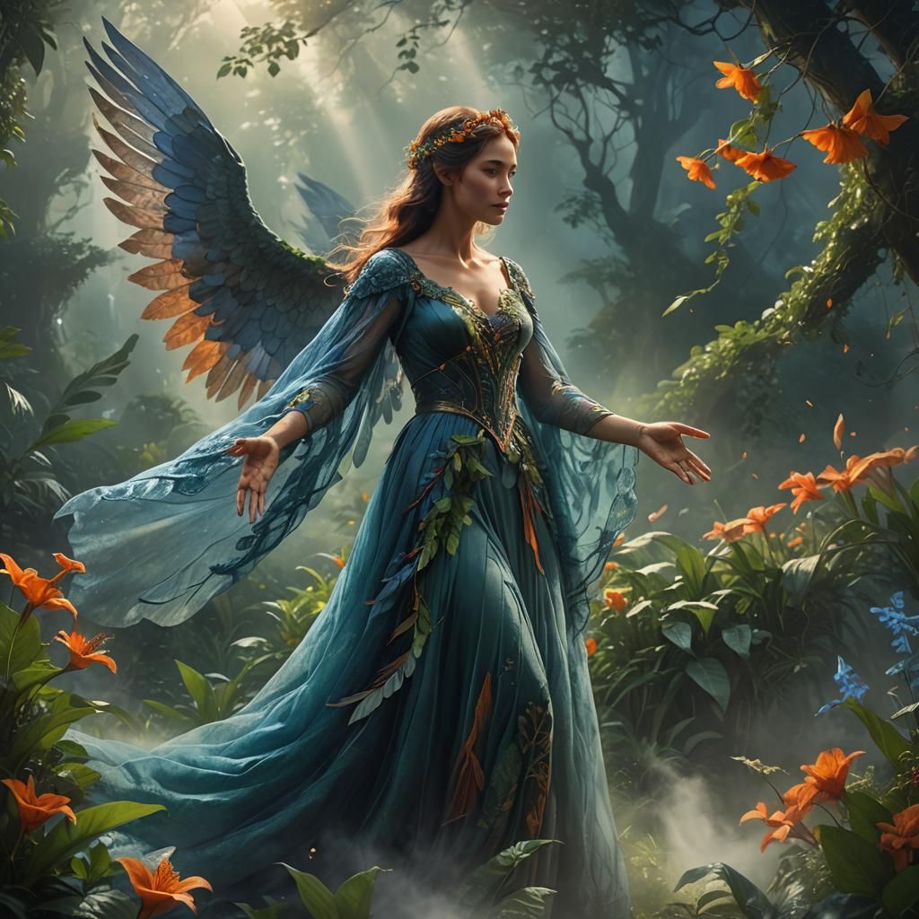 Ethereal Woman Talks to Winged Being: Fantasy Art