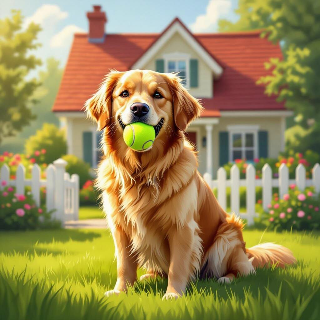Friendly Golden Retriever with Tennis Ball Before Cottage
