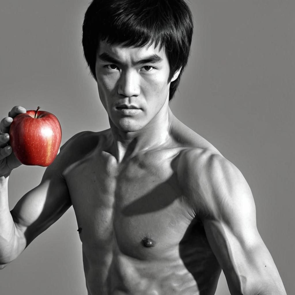 Bruce Lee Portrait with Apple in High Resolution