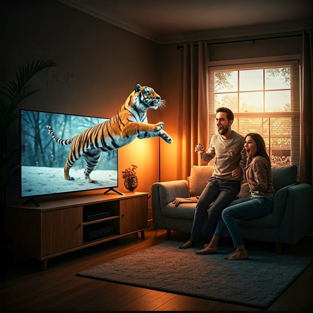Tiger Leaps into Cozy Living Room in Surreal Scene