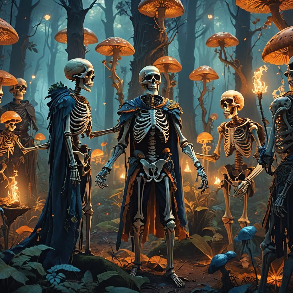 Skeletons Discuss World Affairs in Mystical Forest