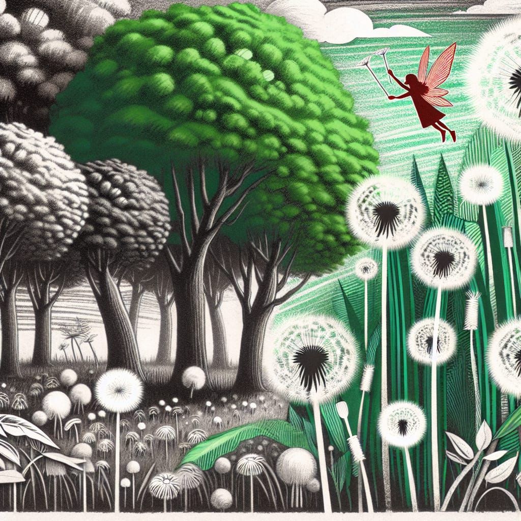 Surreal Childlike Landscape with Red Fairy in Photogram Styl...