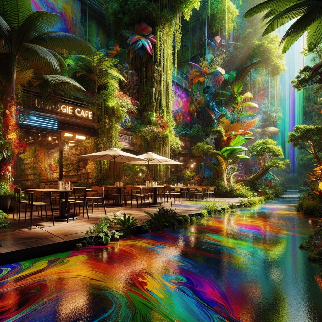 Jungle Cafe with River in Polychromatic Cityscape