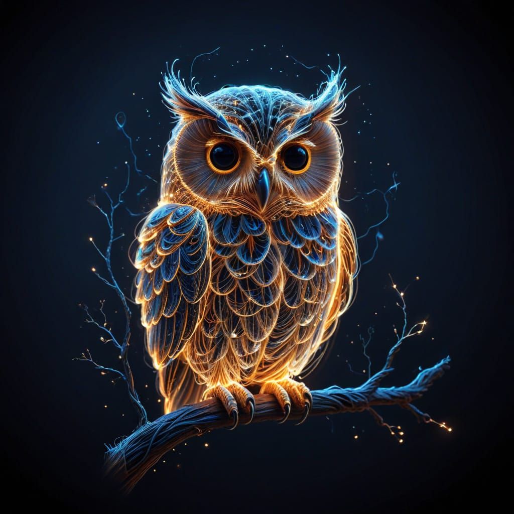 Luminous Owl: Line Art in Glowing Threads