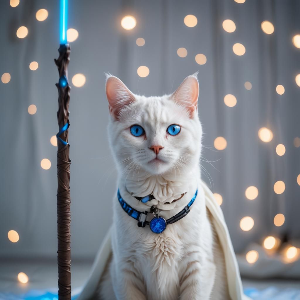 White Cat Jedi with Blue Lightsaber
