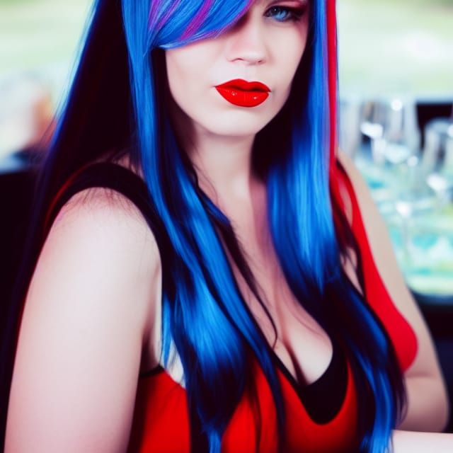 Glamorous Woman with Red Lips and Blue Hair