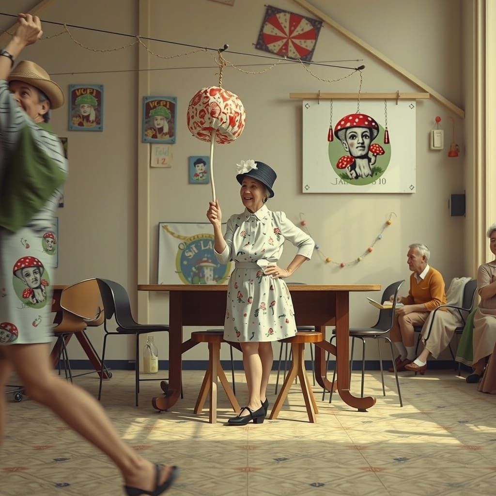 1930s Village Fete With Mushroom Prints