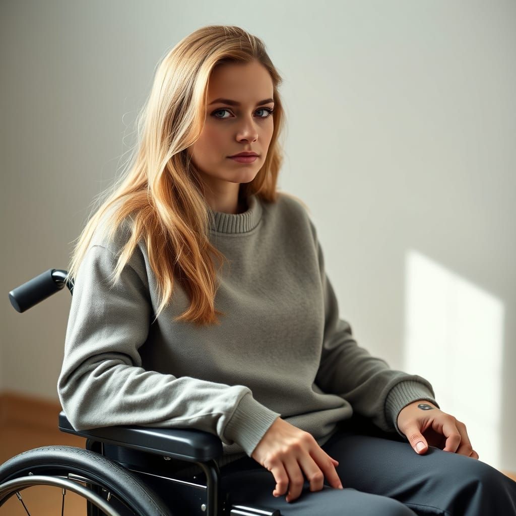 Woman in Wheelchair with Tattooed 8, Long Blonde Braids, and...