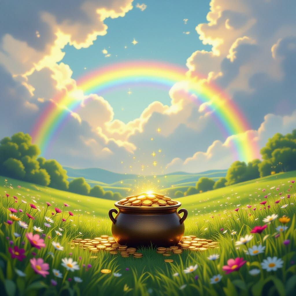 Pot of Gold at Rainbow's End in Fantasy Art Style