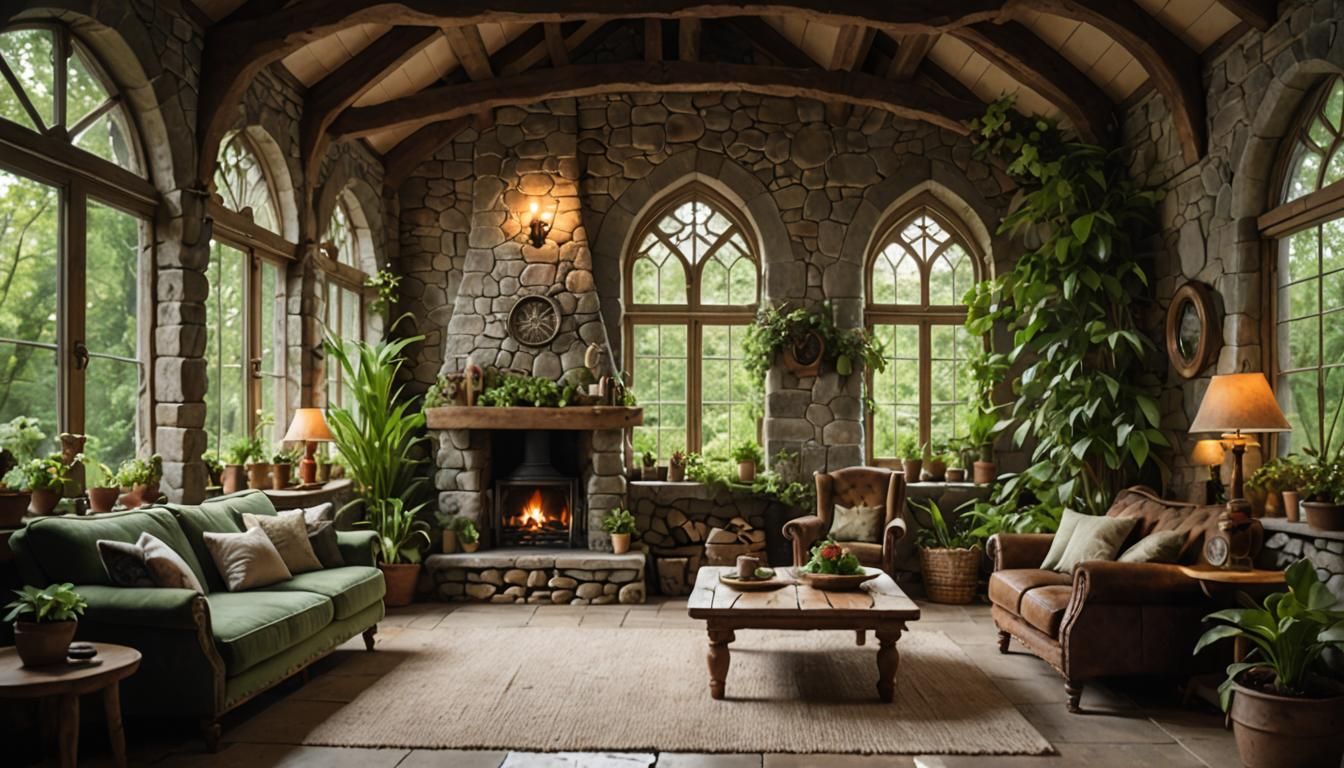 Cozy Elven Living Room with Forest View