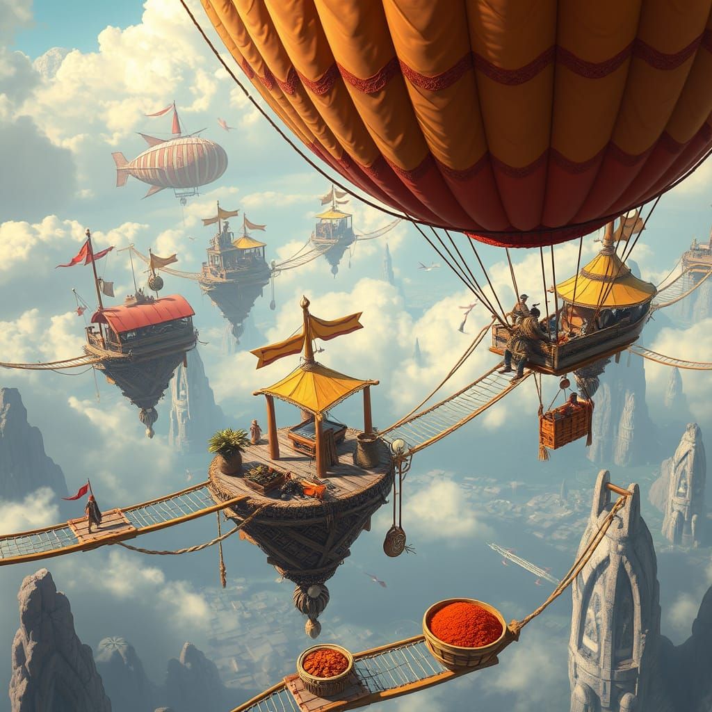 Surreal Floating Markets in a Whimsical Sky Island Bazaar