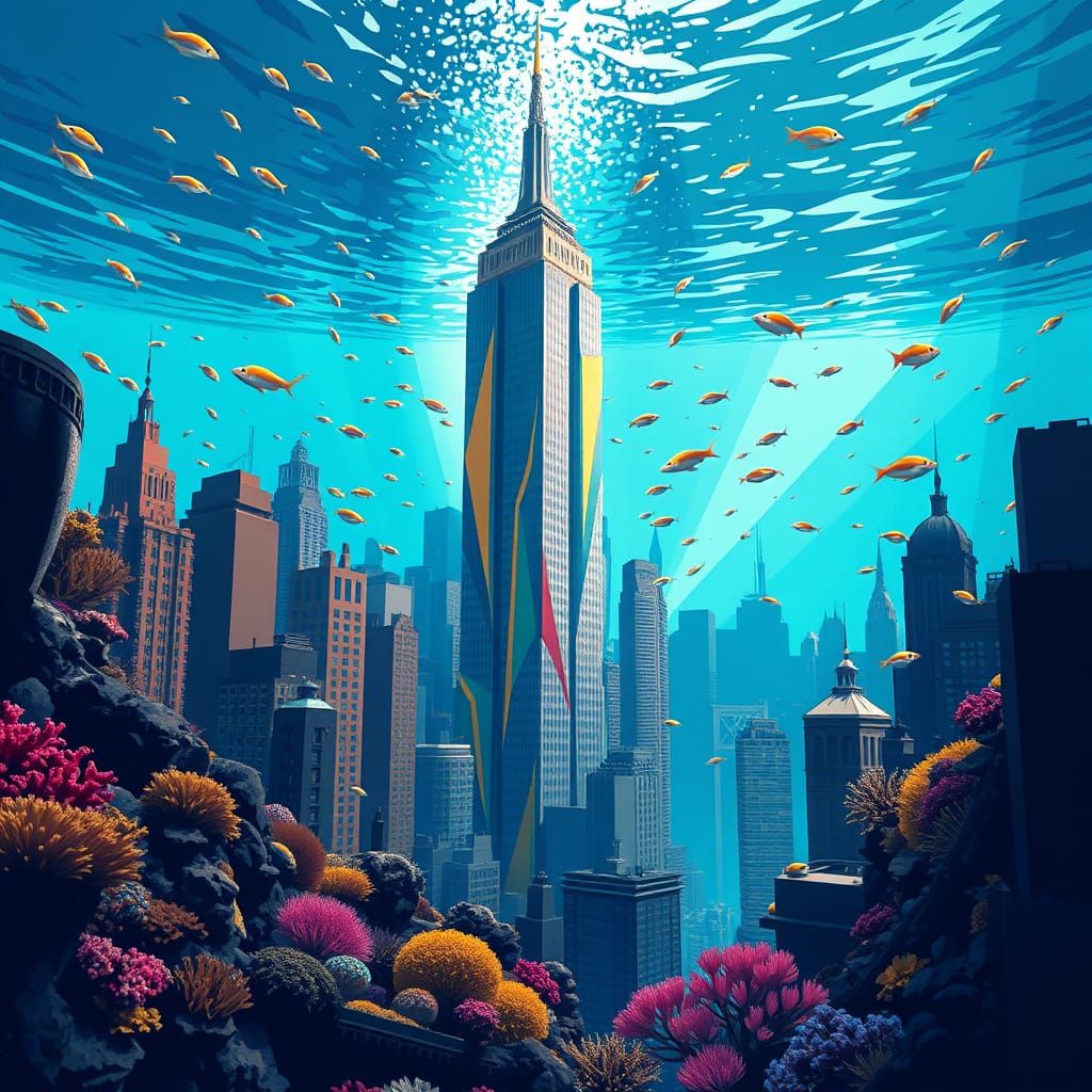 Submerged Empire State Building in Neo-Cubist Style
