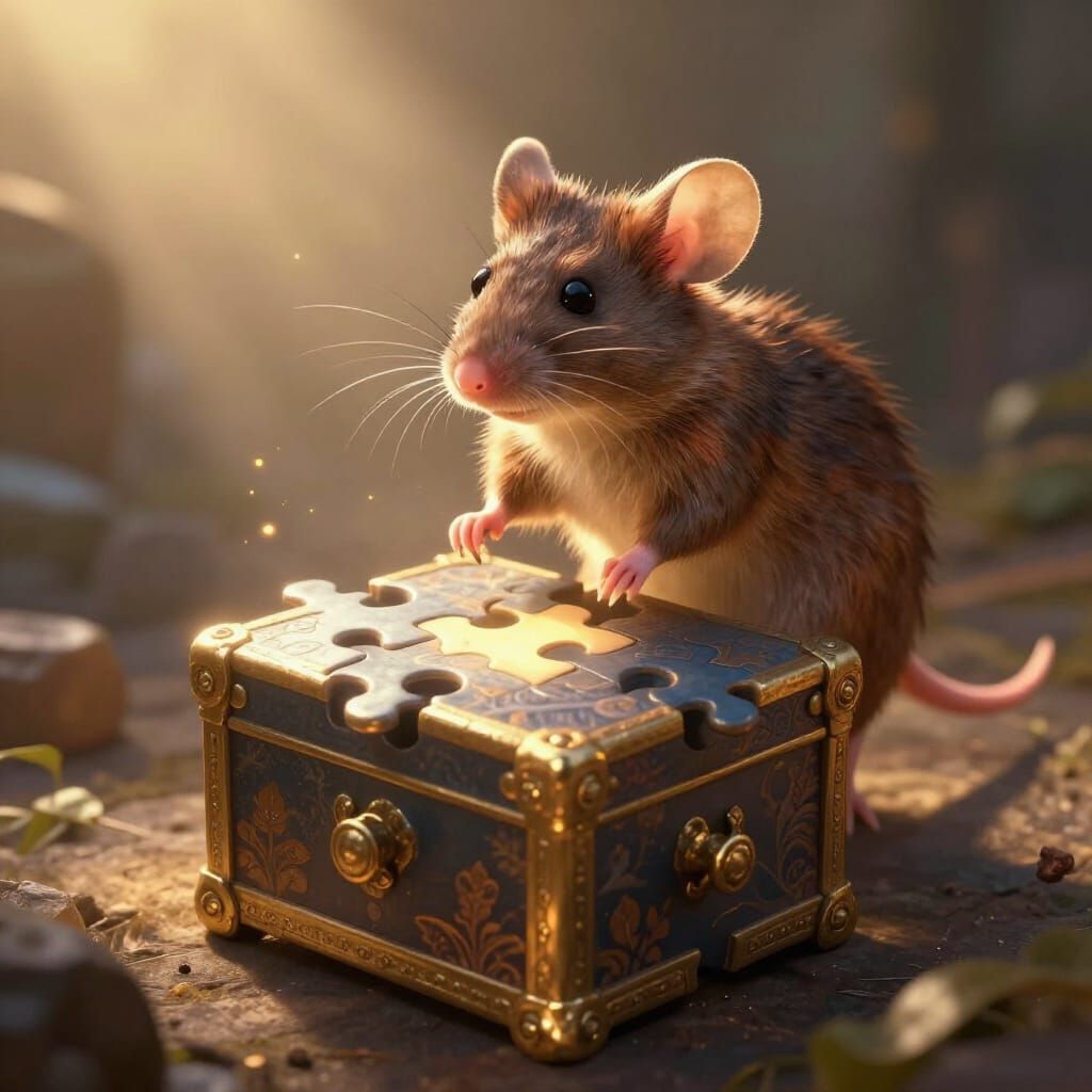 Epic Mythological Mouse Solves Puzzle Box in Realistic Glow