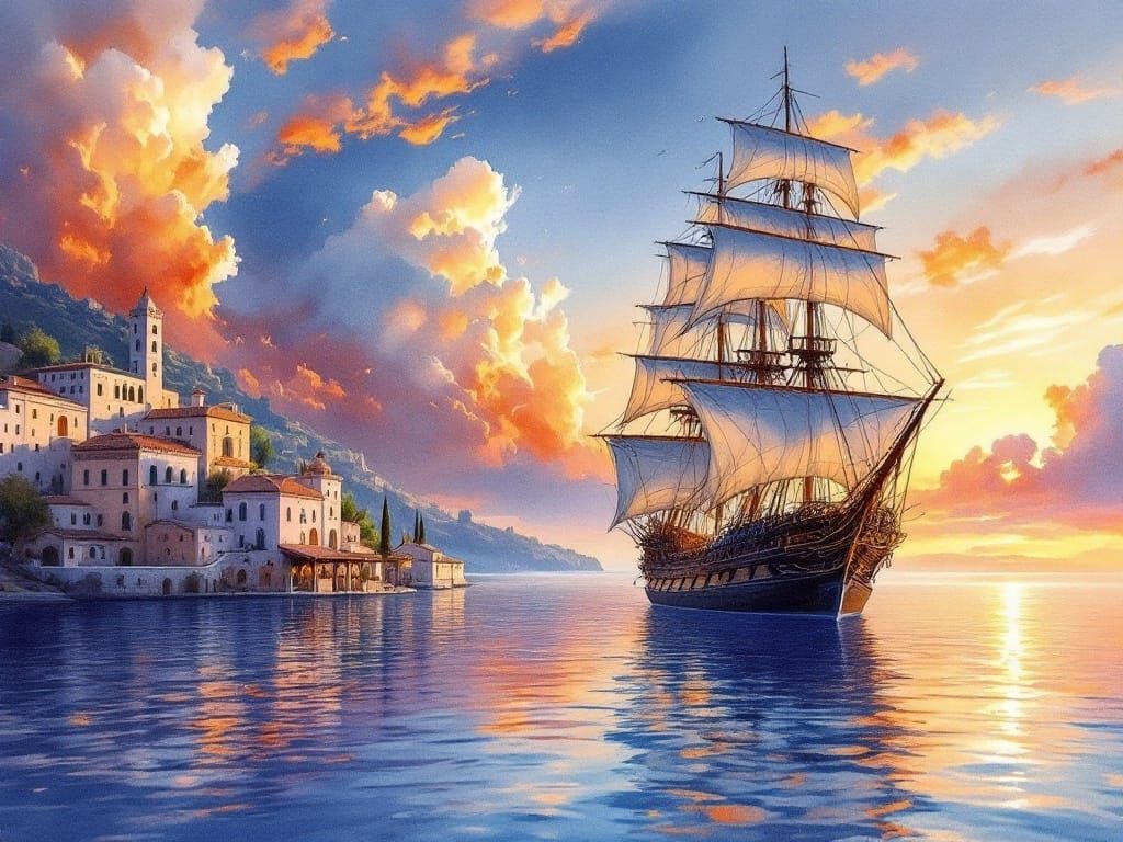 Ancient Clipper Ship in a Dreamy Watercolor Sunset