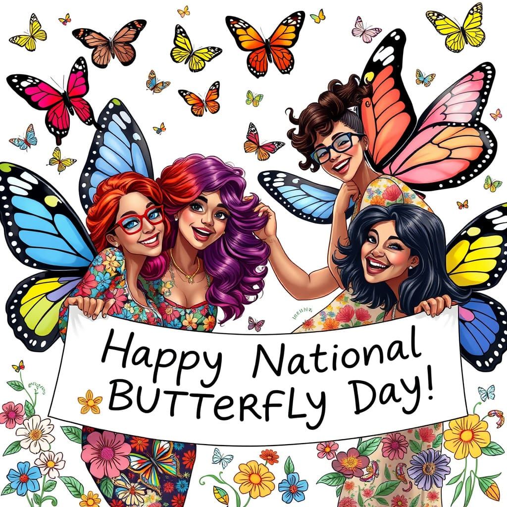 Butterfly Day Celebration: Four Women in Rainbow Doodle