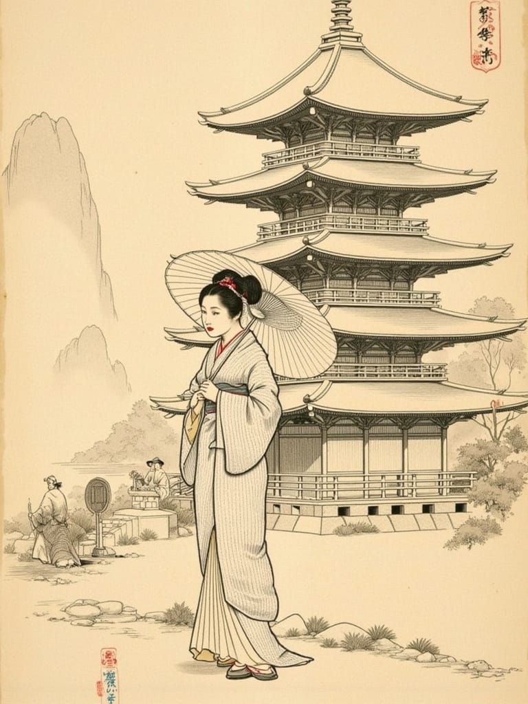 Vintage Japanese Woman and Pagoda: Sepia Illustration