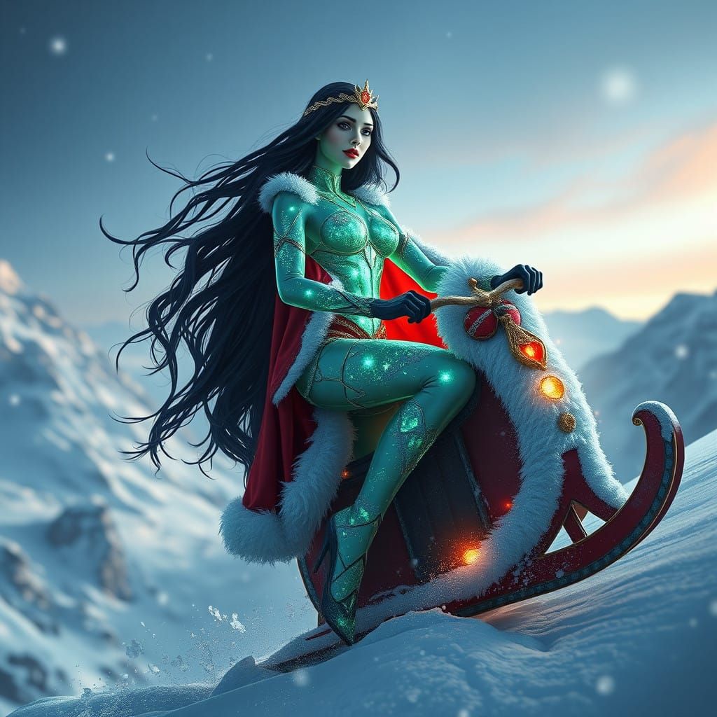 Glowing Glass Queen Rides Santa on Snowy Mountain