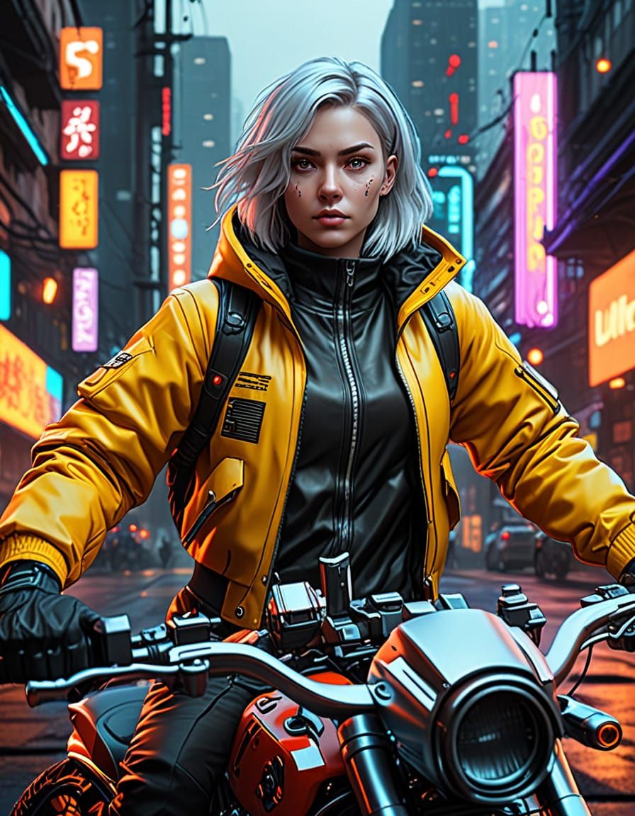 Cyberpunk Woman in Futuristic Motorcycle Regalia