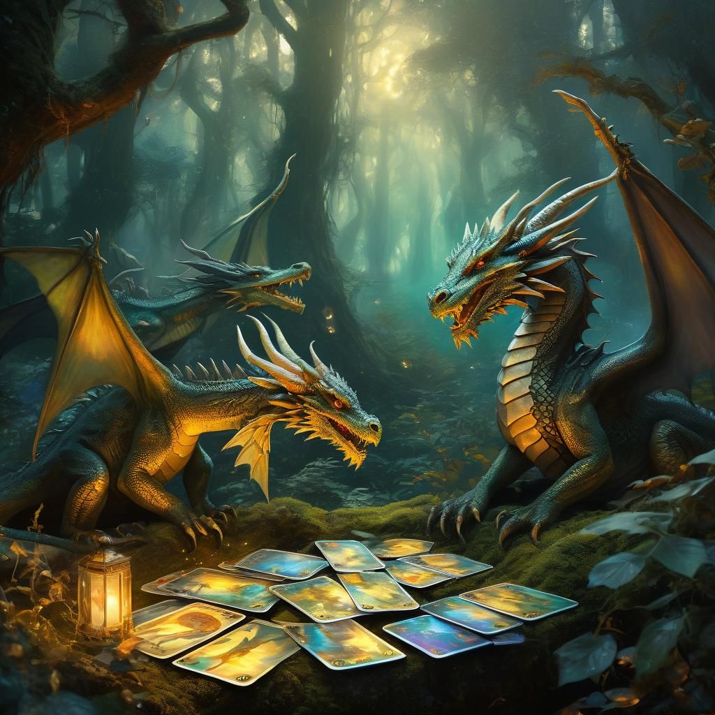 Dragons Playing Tarot in Mystical Forest as Oil Painting