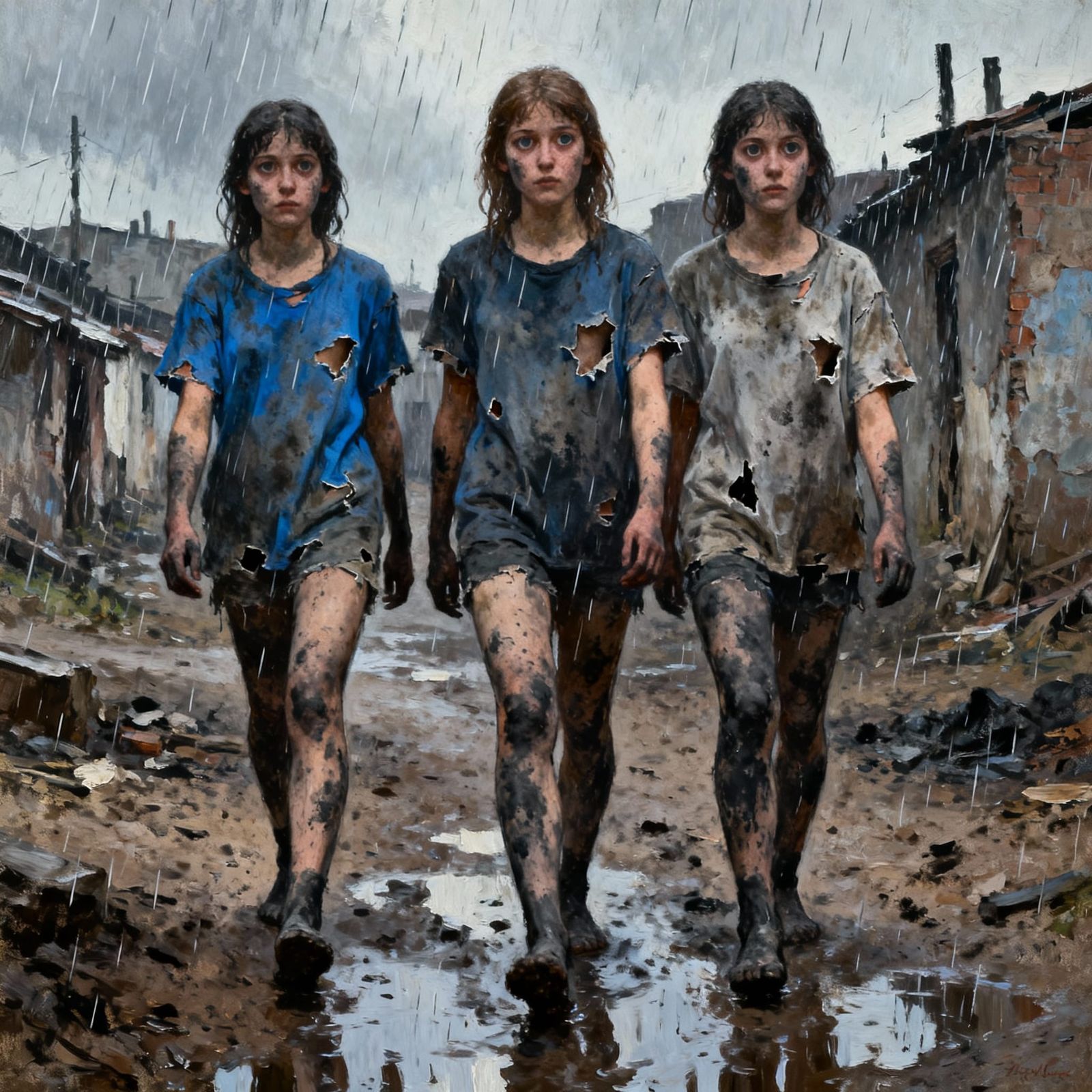 Three Girls in Gritty Oil Painting Style Amidst Rainy Slum