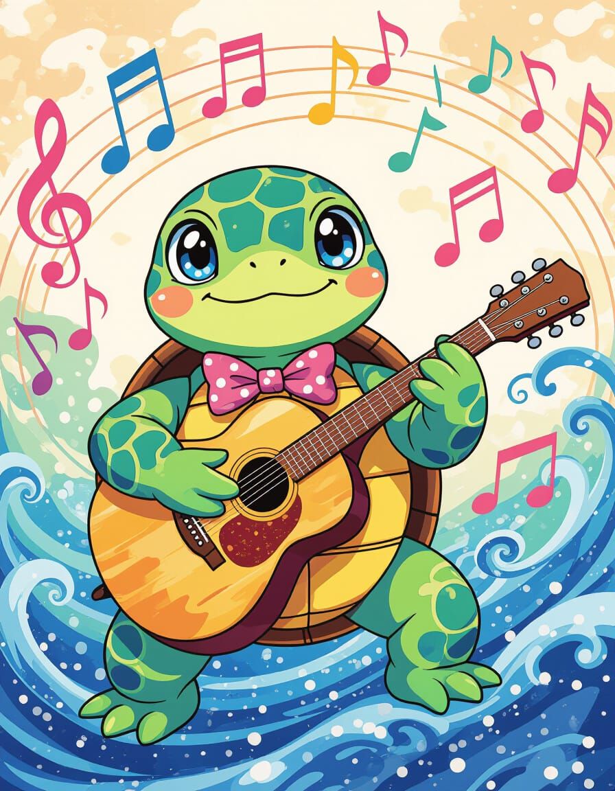 Anime Turtle's Musical Watercolor Splash Art