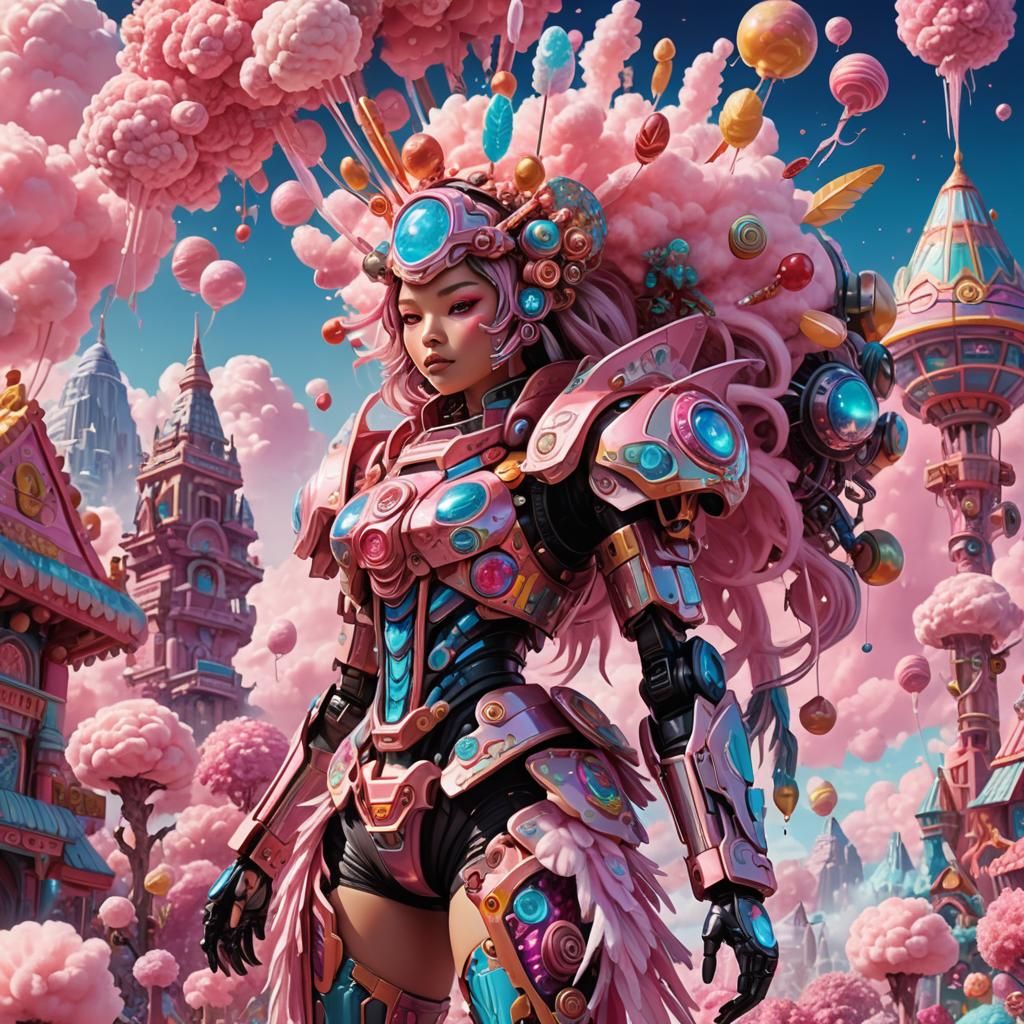 Candy-Coated Mecha Girl in Dreamscape, Digital Art
