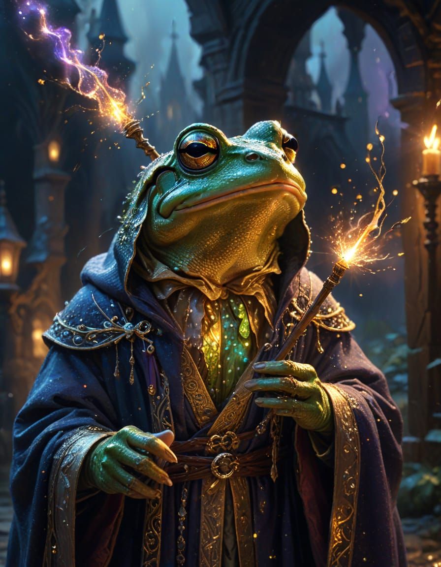 Surprised Frog Wizard Casting Spell in Oil Painting Style
