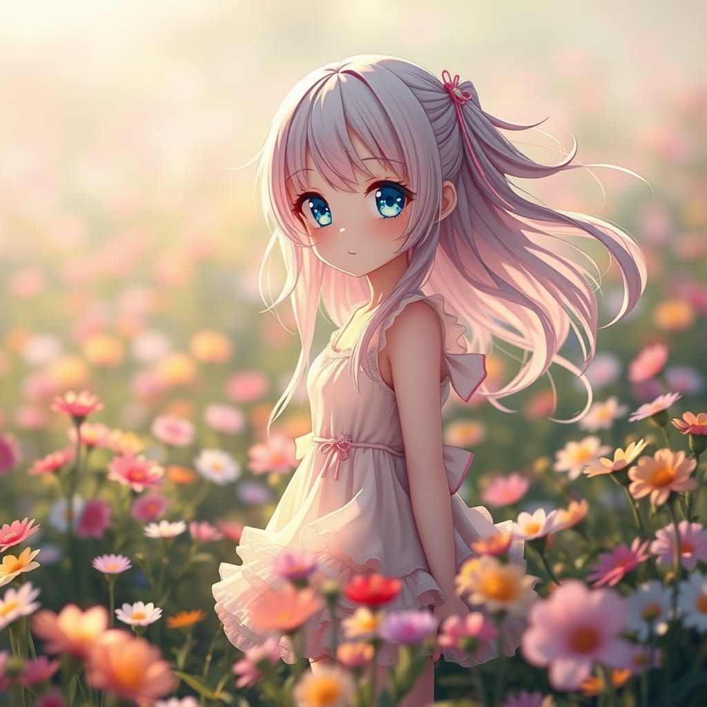 Anime Goddess in Vibrant Floral Paradise