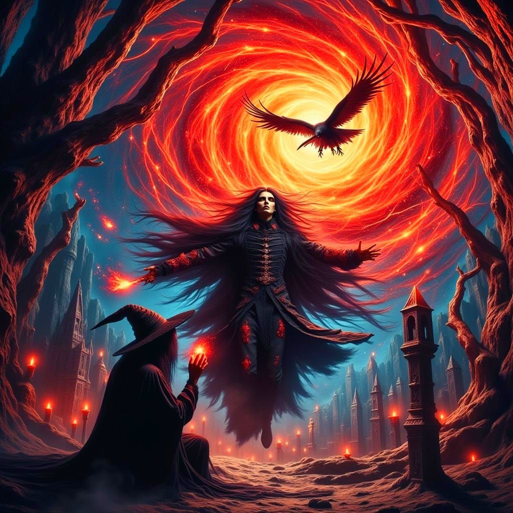 Wizard Conjures Crimson Vortex in Dark Fantasy Realm