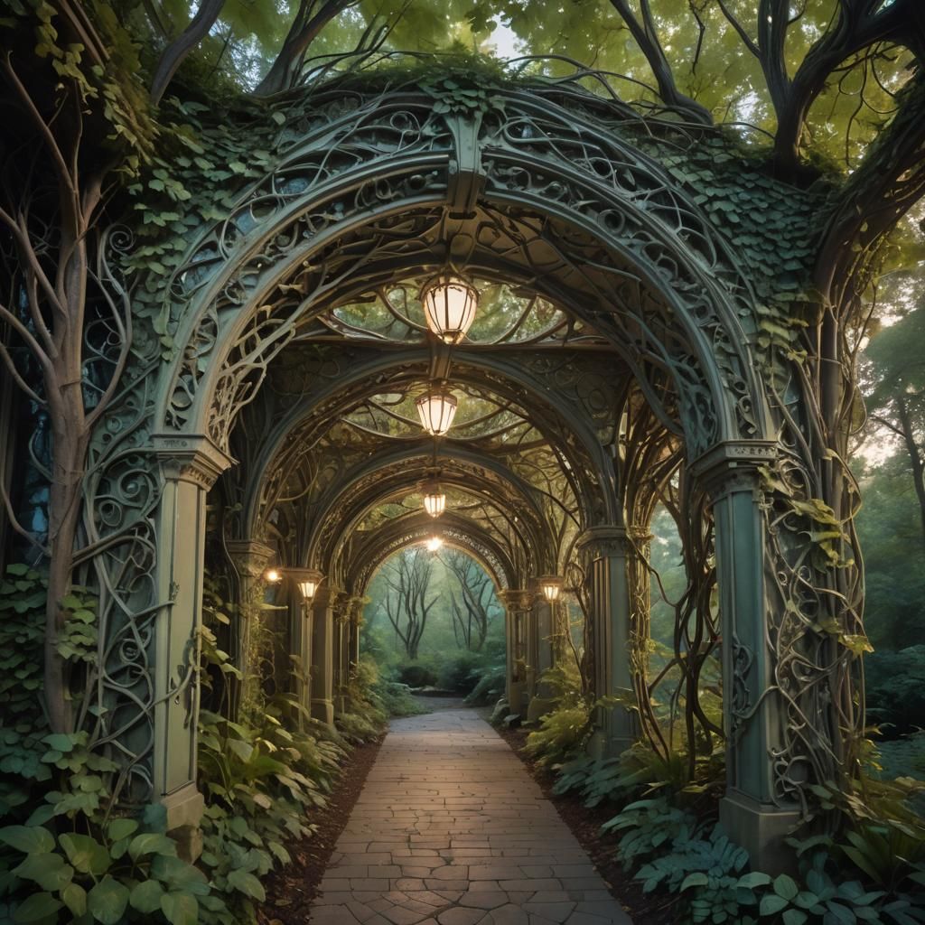 Art Nouveau Archway in Forest at Dusk