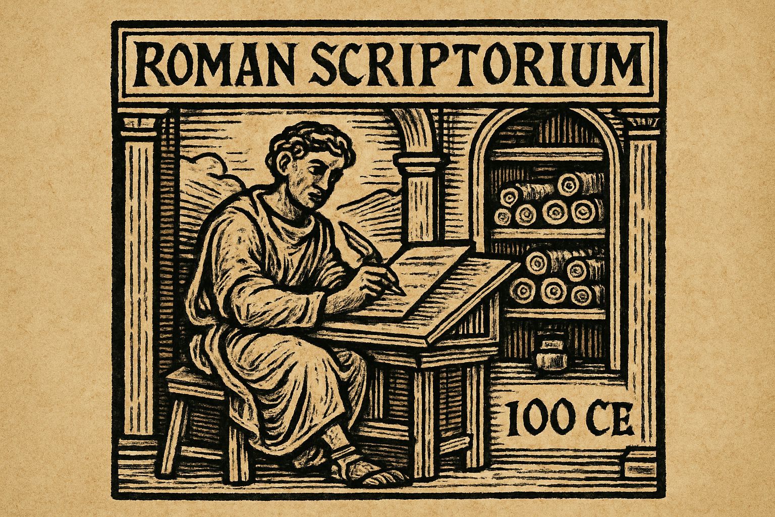 Medieval Woodcut Style Roman Scriptorium Scene