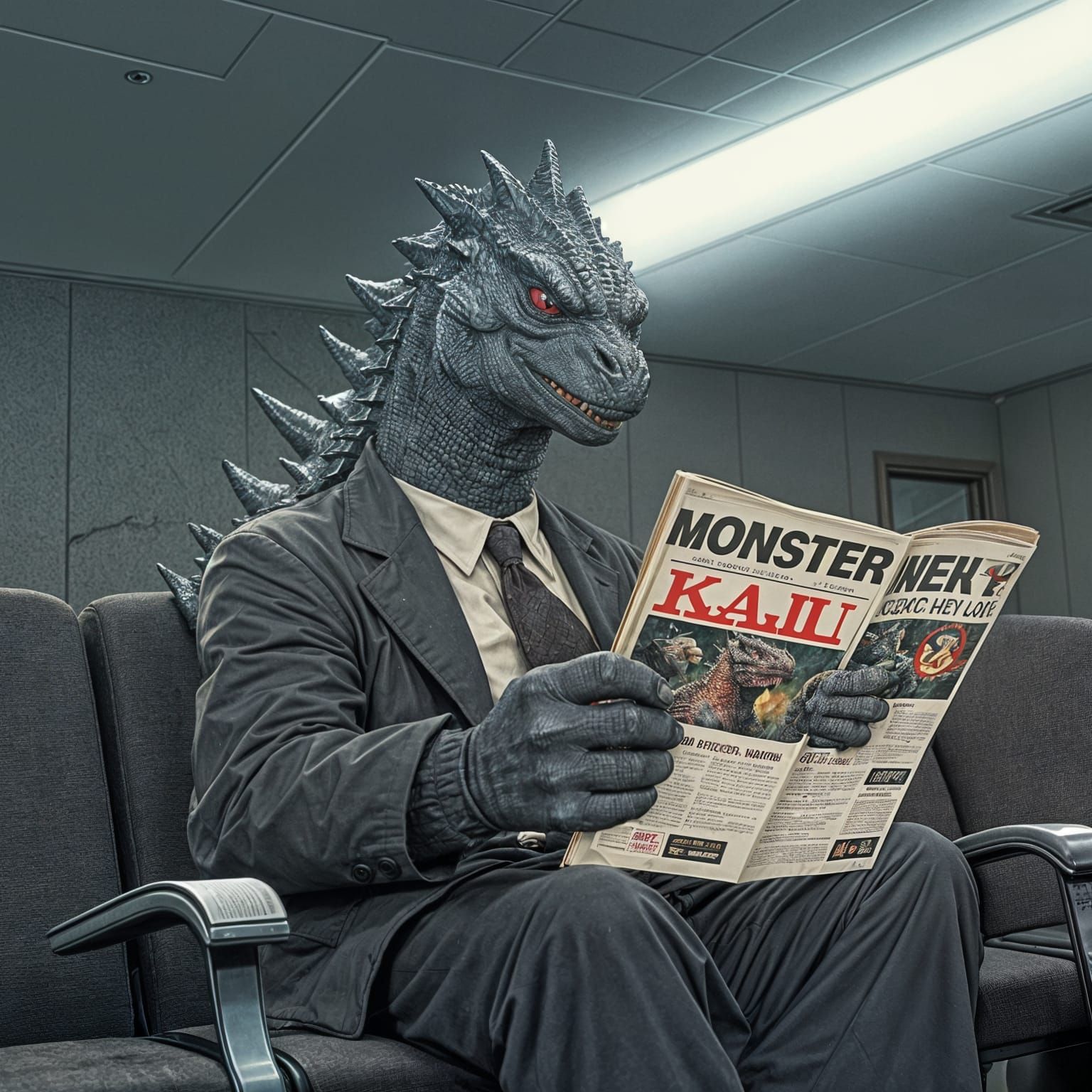 Anxious Godzilla Waits in a Waiting Room