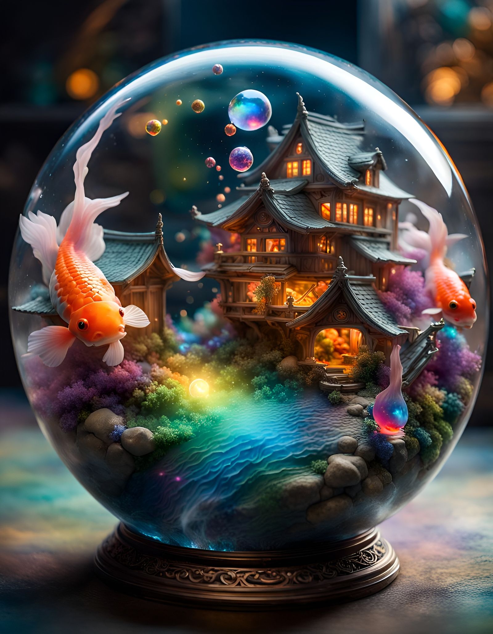 Bioluminescent Koi Village in Glass Orb