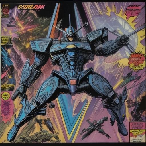 Voltron-Inspired Robot in 1980s Comic Style