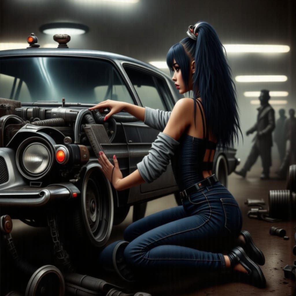 Goth Beauty Mechanic Repairs Vintage Car