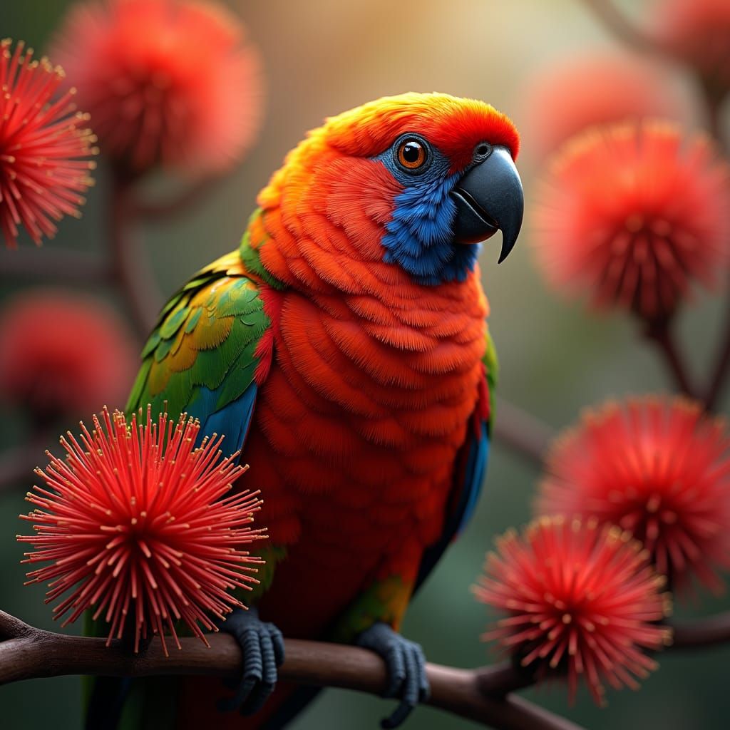 Rosella Parrot and Bottlebrush Flowers in Artgerm Style