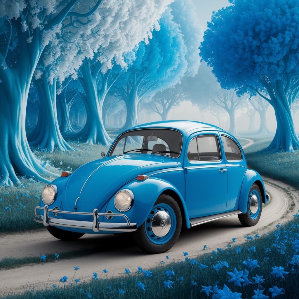 Blue 1960s Beetle in a Surreal Blue Forest
