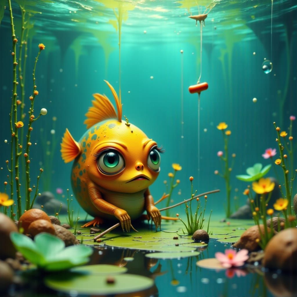 Grumpy Fish Fishing with Hotdog in Clay Style