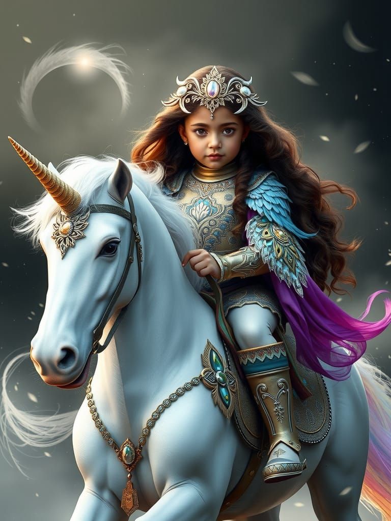 Maori Princess Rides Unicorn in Vibrant Fantasy Landscape