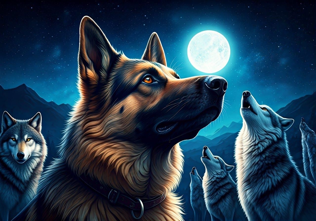 German Shepherd Howling with Wolves Under Starry Sky
