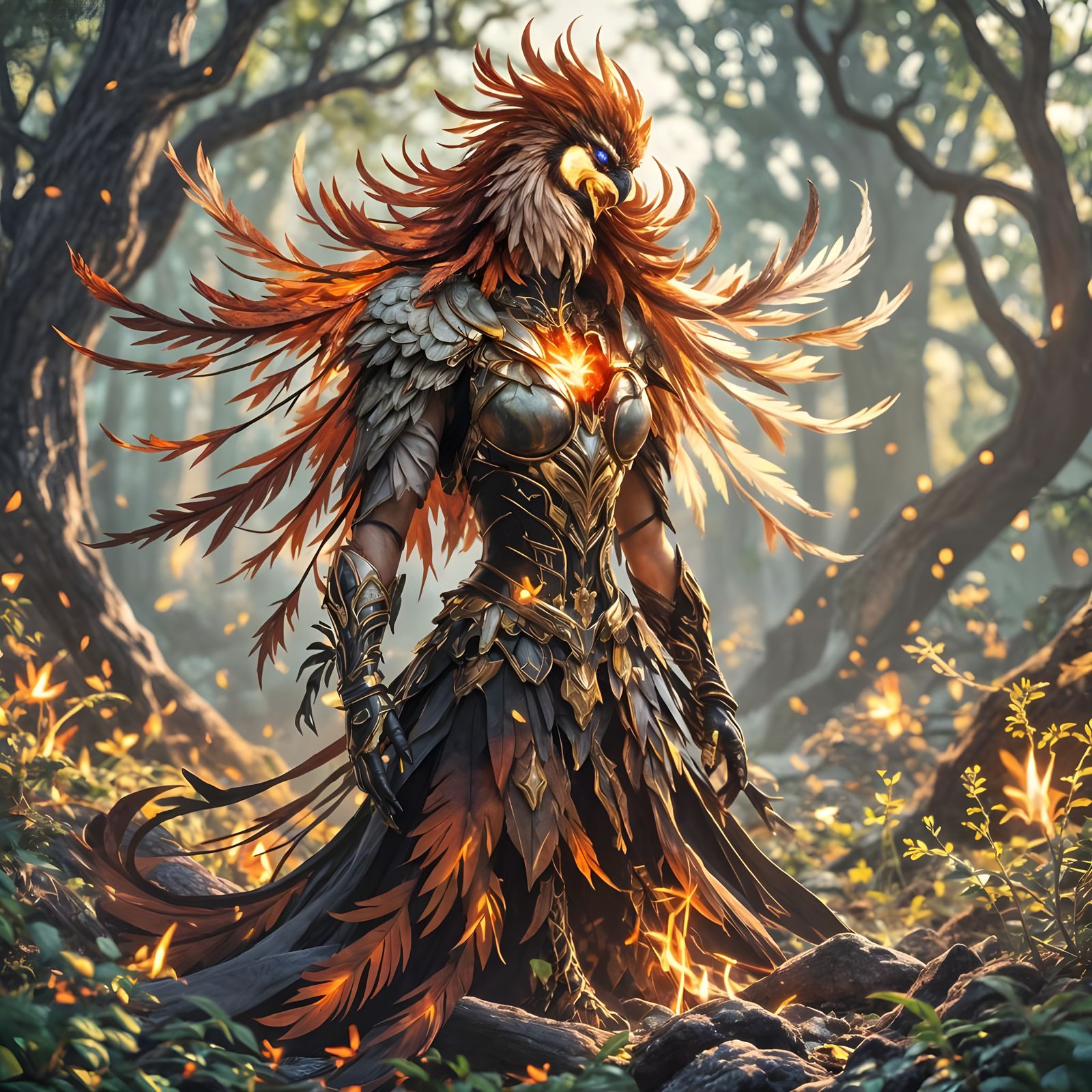 Phoenix Rising in Enchanted Forest, Digital Art