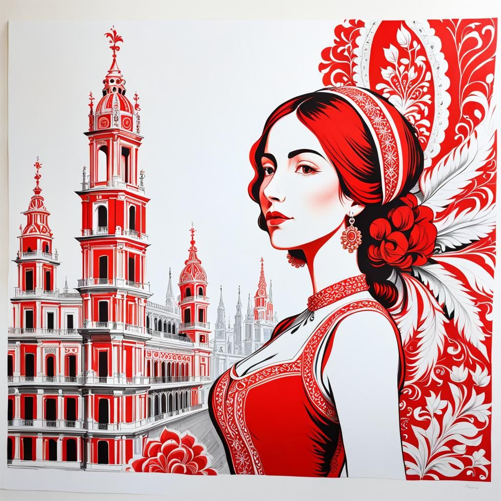 Spanish Woman Portrait in Red and White Ink