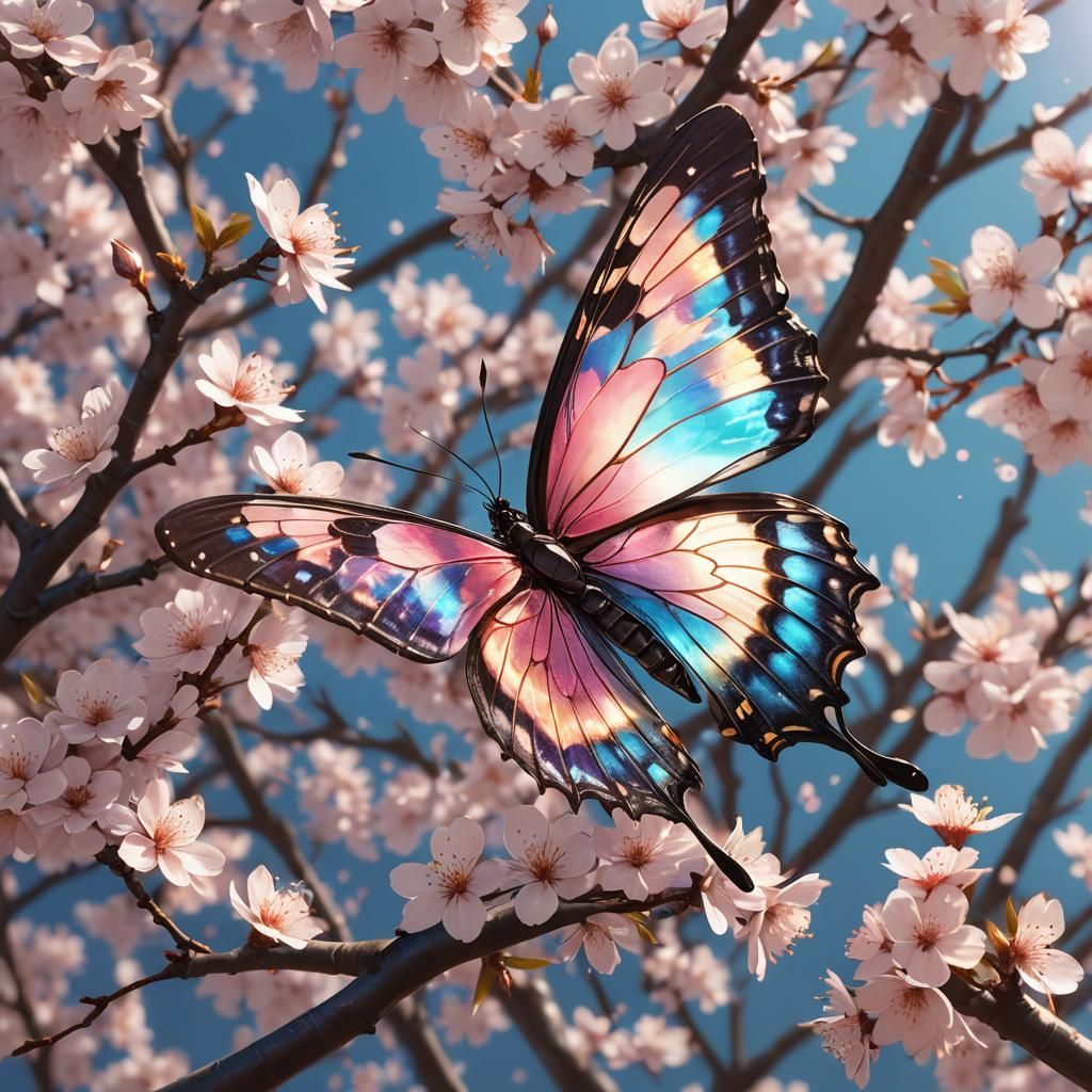 Iridescent Butterfly and Cherry Blossoms in Anime Style